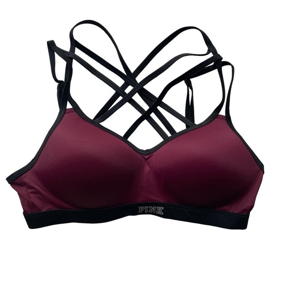 PINK VS Ultimate Sports Bra Medium Burgundy Red Molded cups Strappy cage front - Picture 1 of 7